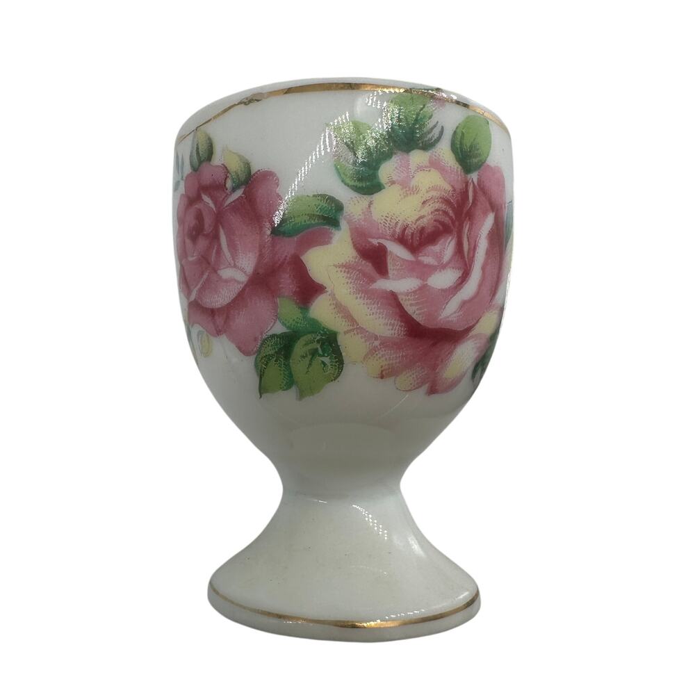 Porcelain Egg Cup Japan Floral Gold Trim Pedestal Small Rose Design Cottagecore